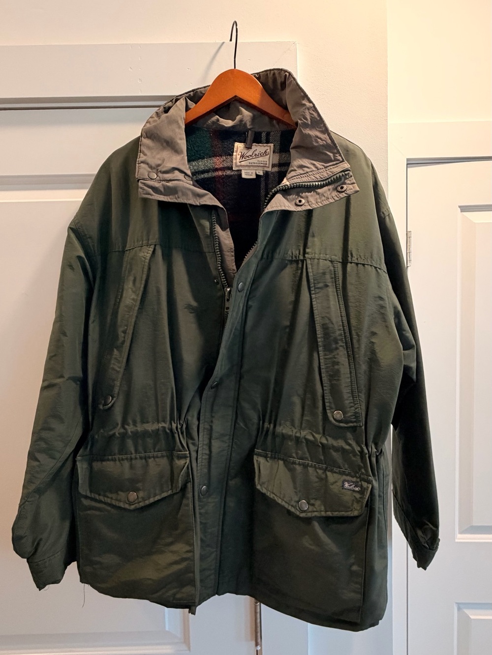 Woolrich Men's Olive Green Military Field Jacket with Contrast Collar
